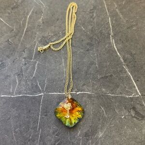 Vtg Germany Iridescent Watermelon Glass Pendant Pineapple Silver Tone Necklace